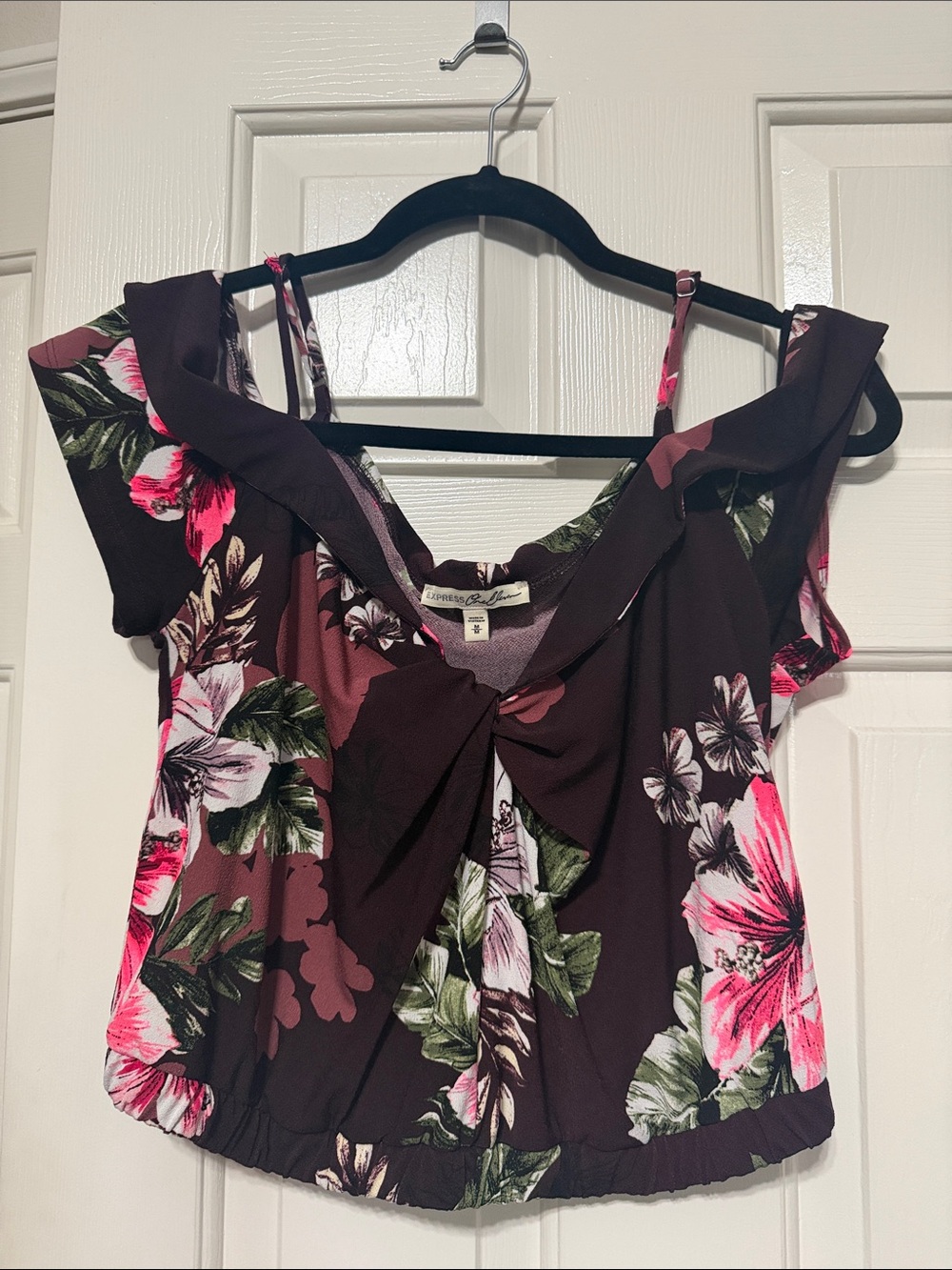 Express Brown Floral Off-Shoulder Tie-Front Crop Top with Pink Flowers